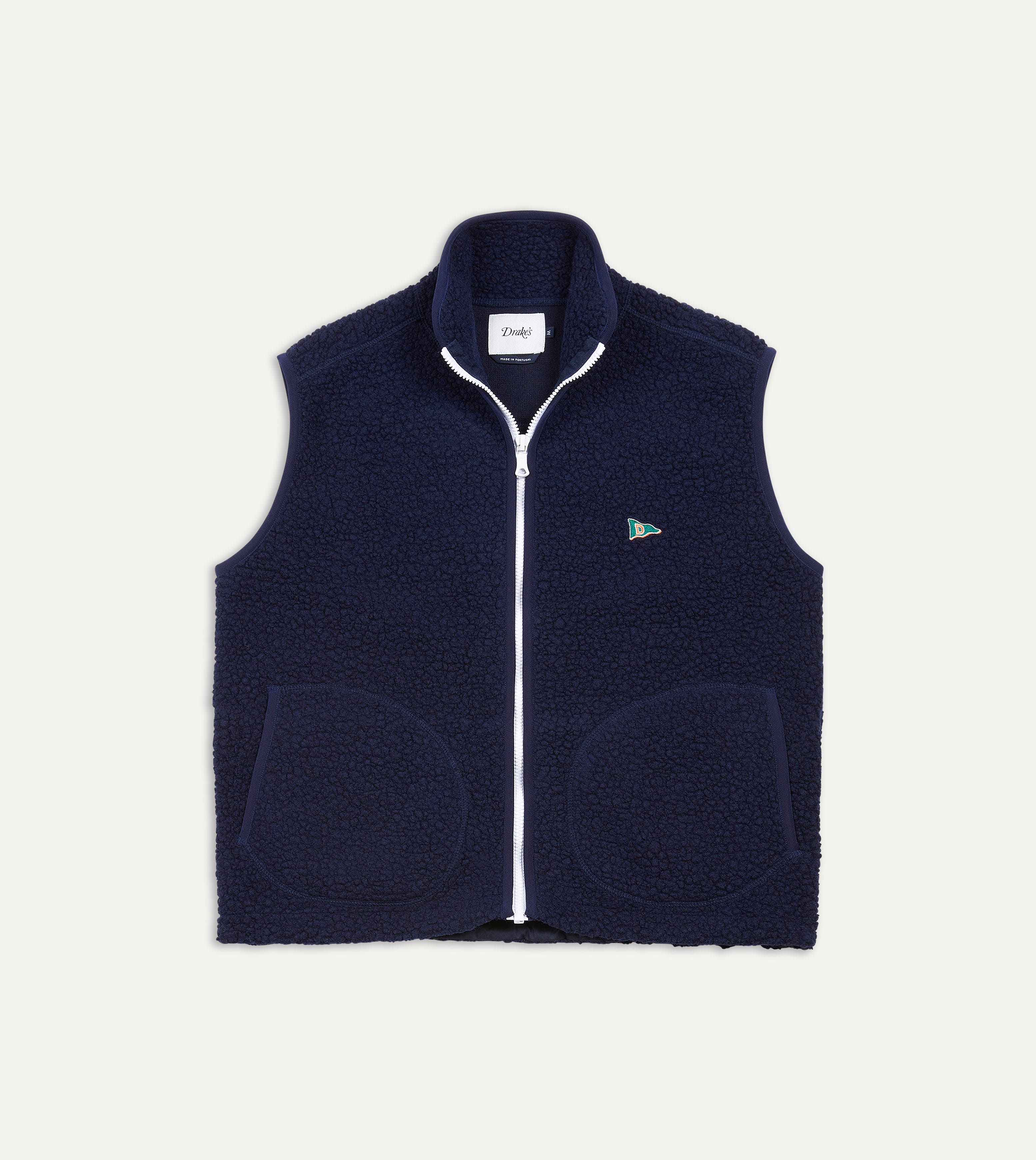 Navy Boucle Wool Zip Fleece Vest Drakes